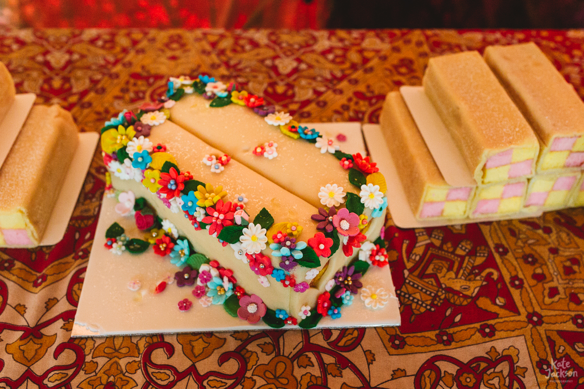 Battenburg alternative wedding cake at festival wedding in Scotland | Kate Jackson Photography
