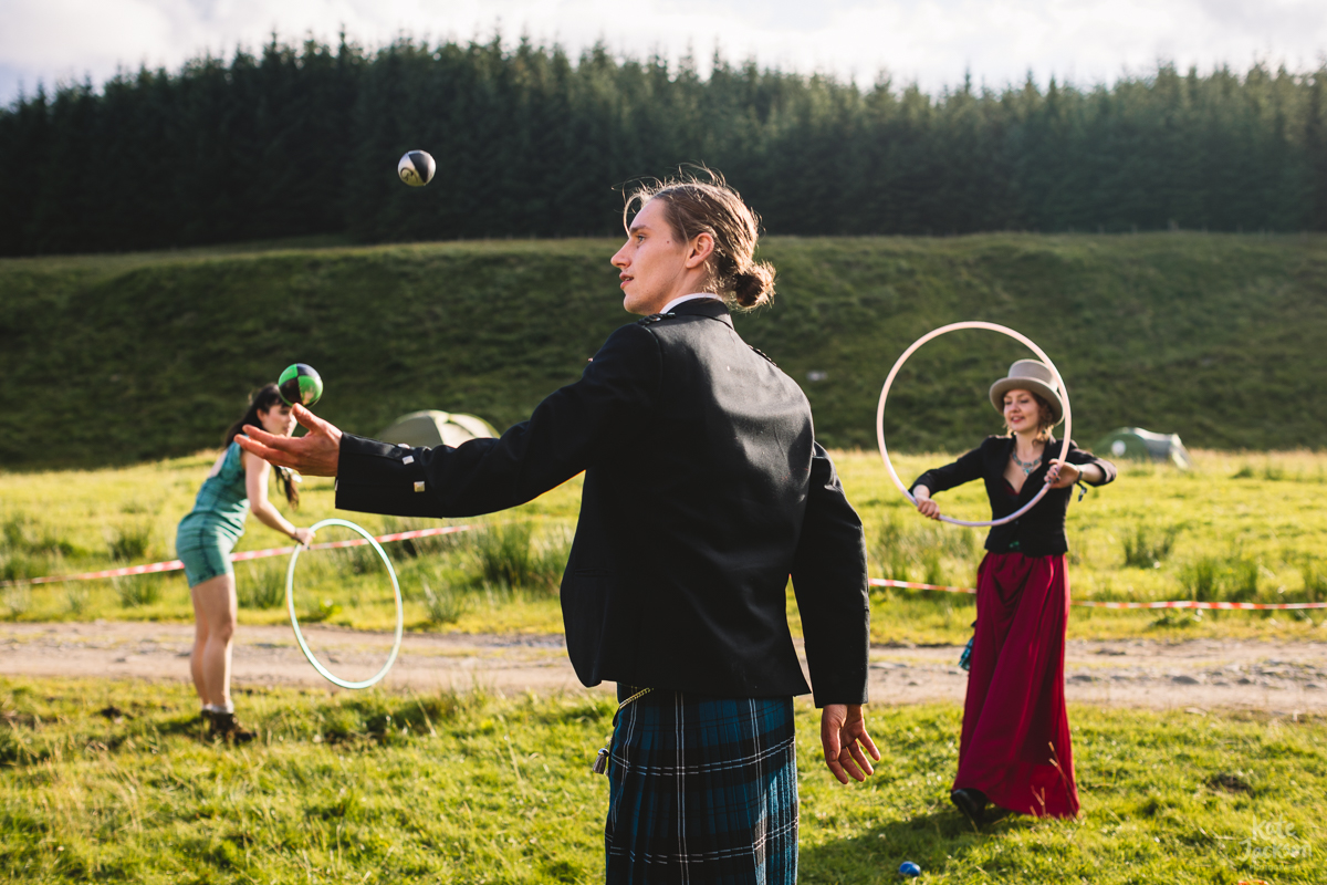 Circus at outdoor festival wedding at Knockengorroch in Scotland | Kate Jackson Photography