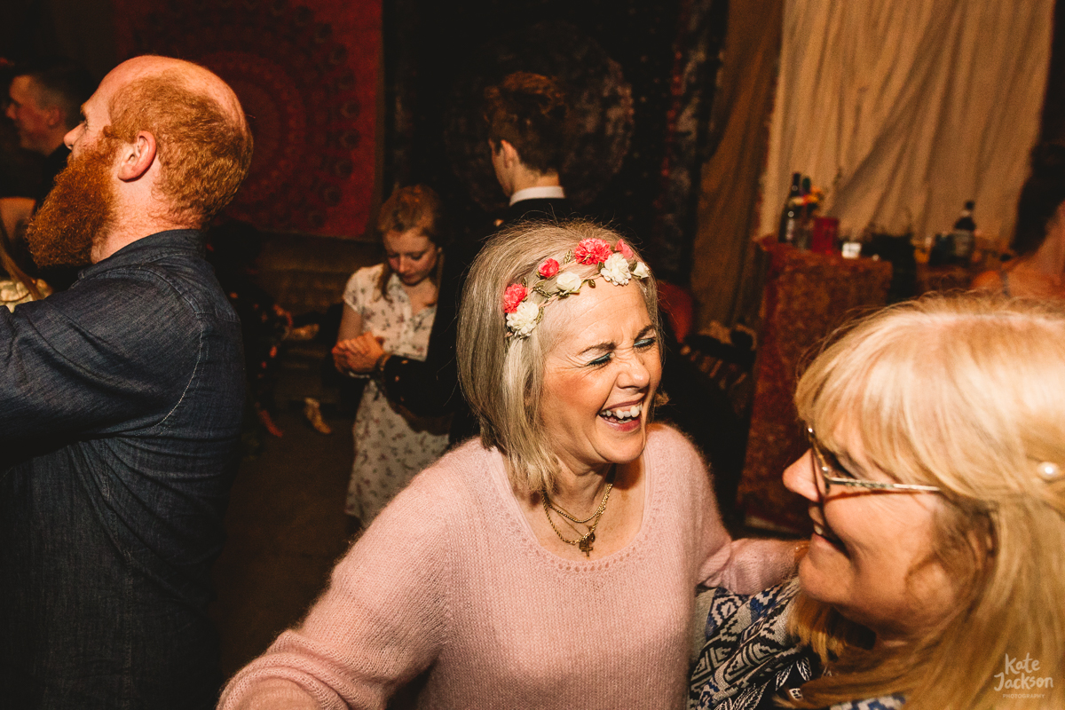 Fun during ceilidh dance at Knockengorroch festival Wedding | Kate Jackson Photography