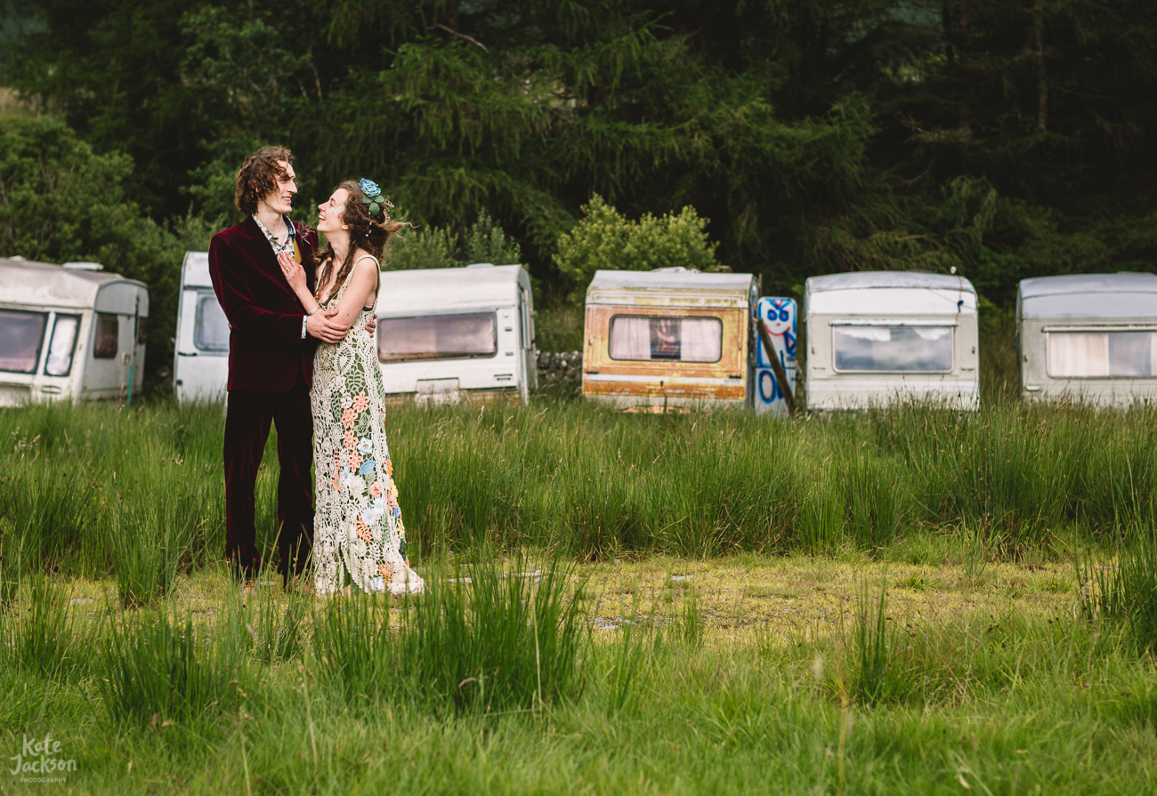 Festival Wedding in a Field with a Bride with Bespoke Crochet Dress | Kate Jackson Photography