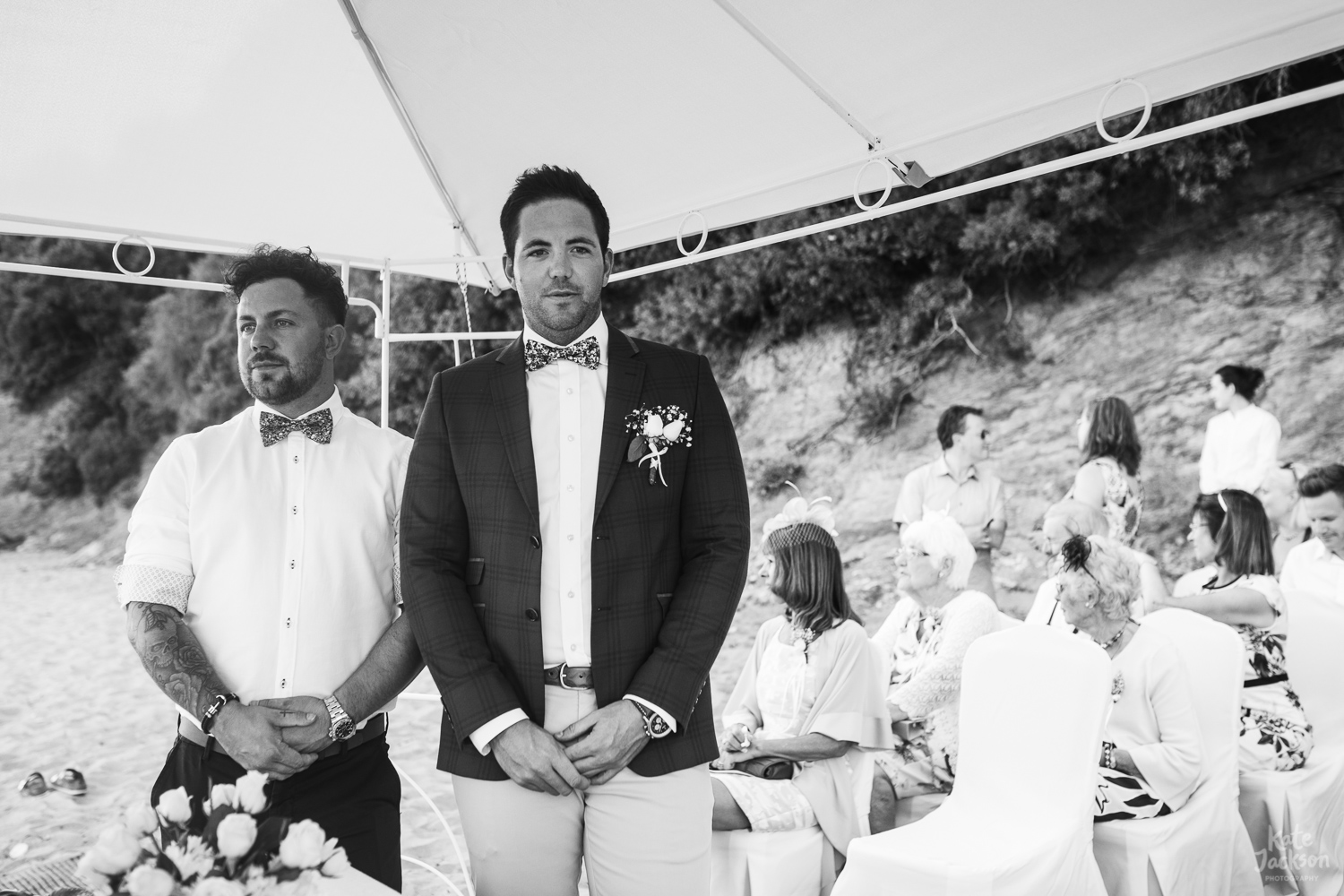 Groom at relaxed beach wedding in Skithos, Greece 