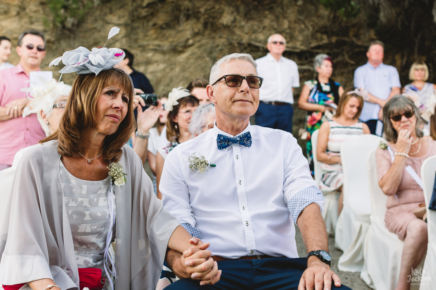 Brides parents at relaxed beach wedding in Skiathos, Greece