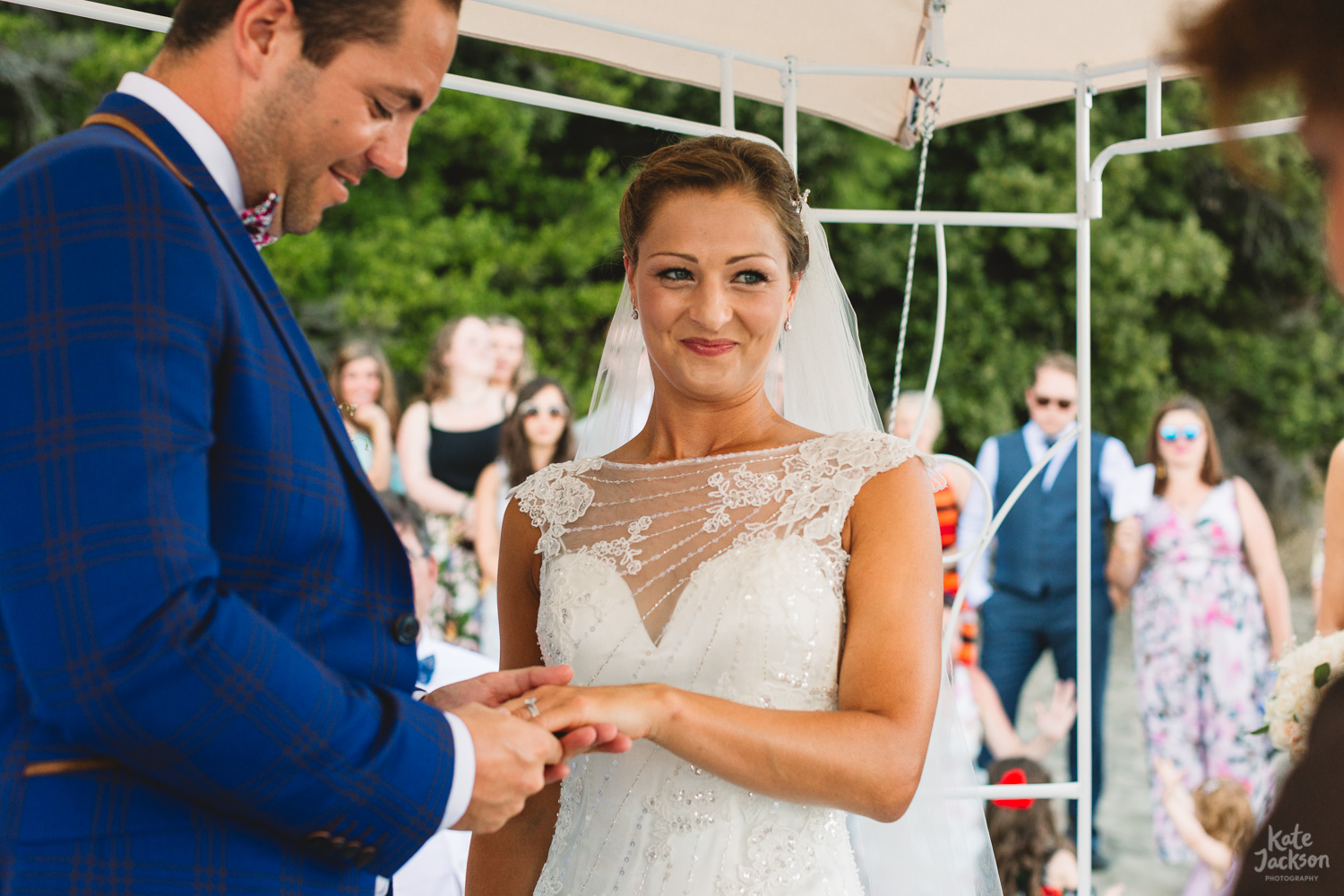 Happy Bride during beach wedding ceremony in Skiathos, Greece