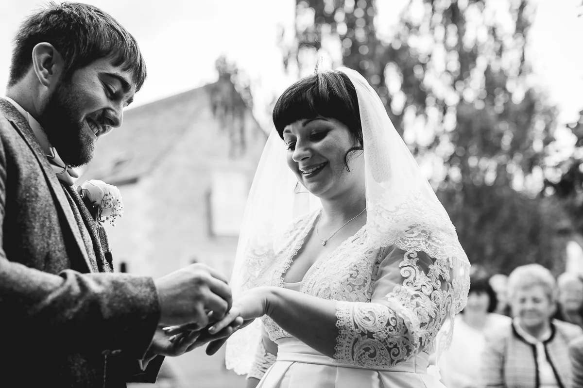 Ring exchange at relaxed Hyde Barn Wedding Ceremony