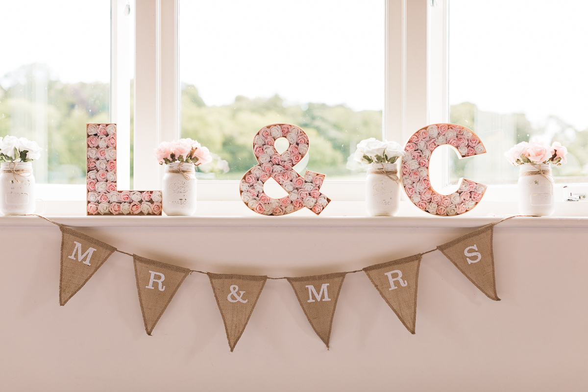 DIY Bride and Groom Initials and fun mr + mrs bunting Hyde Barn Wedding Details