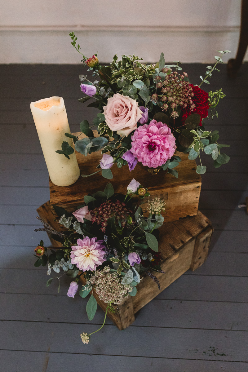 Rustic purple flowers at france destination wedding