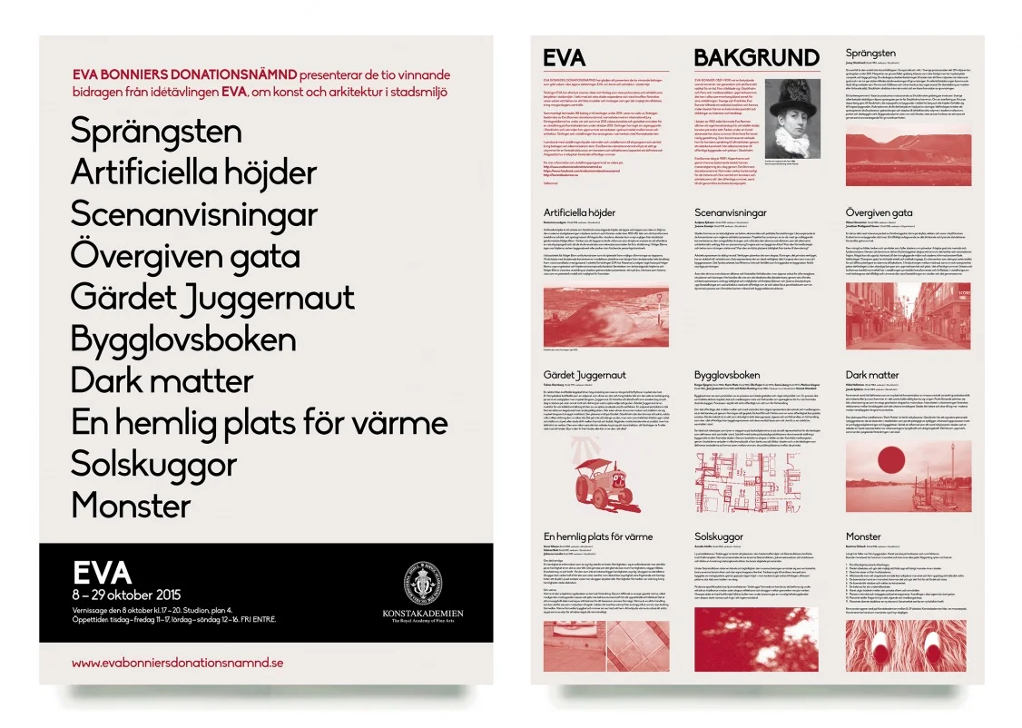  EVA BONNIERS DONATIONSNÄMND  Graphic ID of Poster/leaflet ”EVA”.  The result of the competition for ideas on art and architecture in the urban environment (2015). 