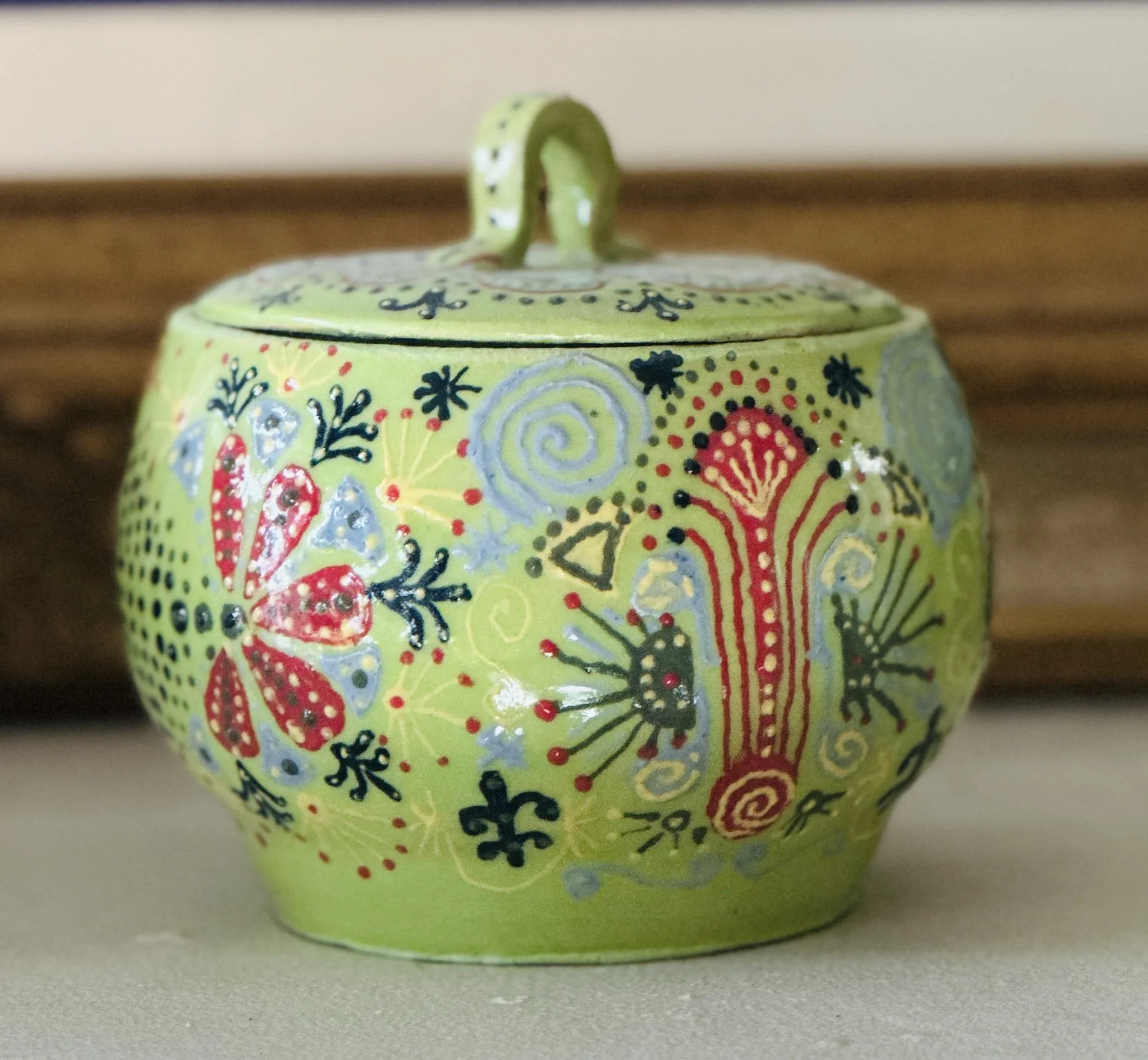 Sgraffito handpainted lotus jar view two.JPG
