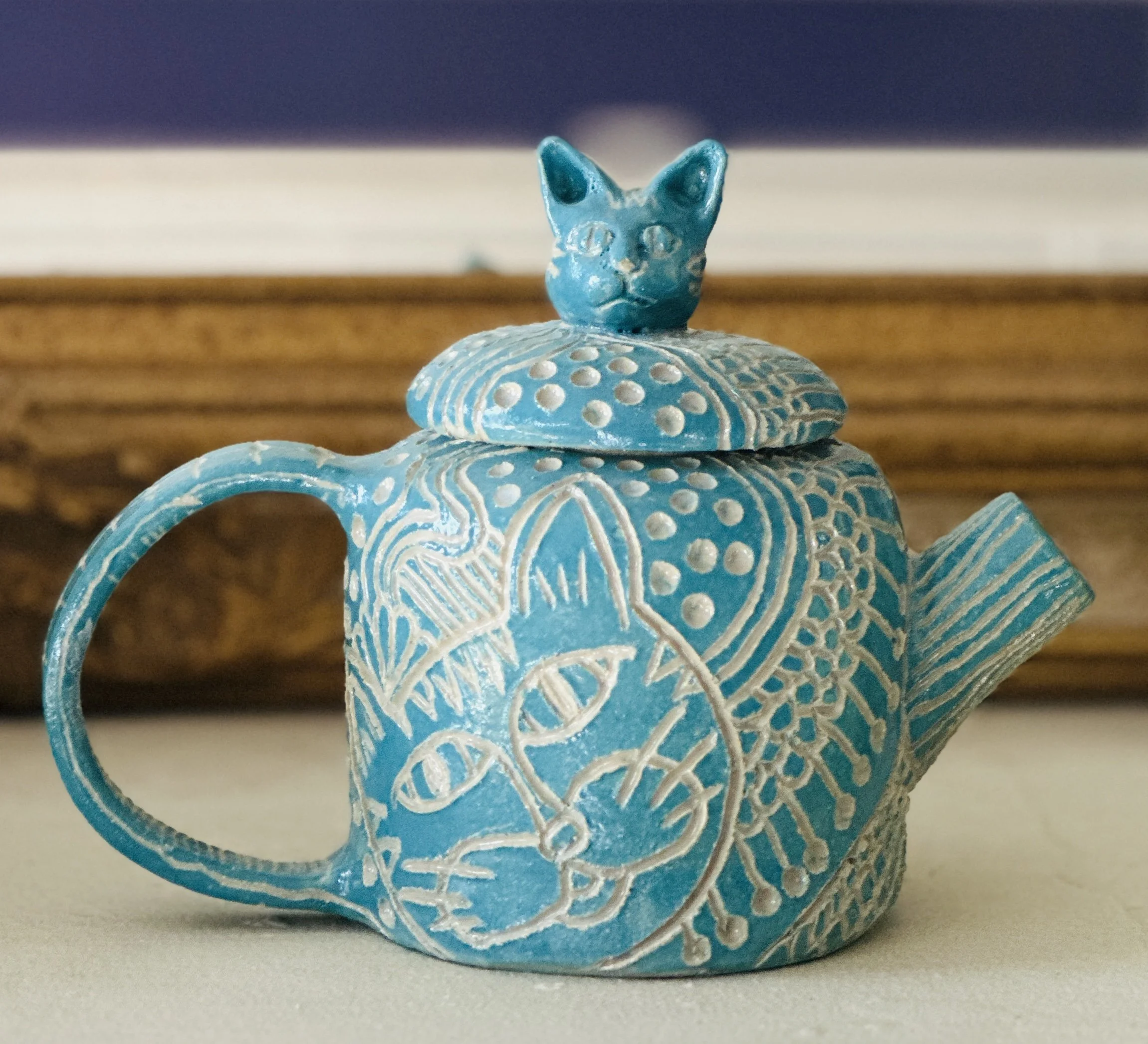Teal cat teapot$60.JPG