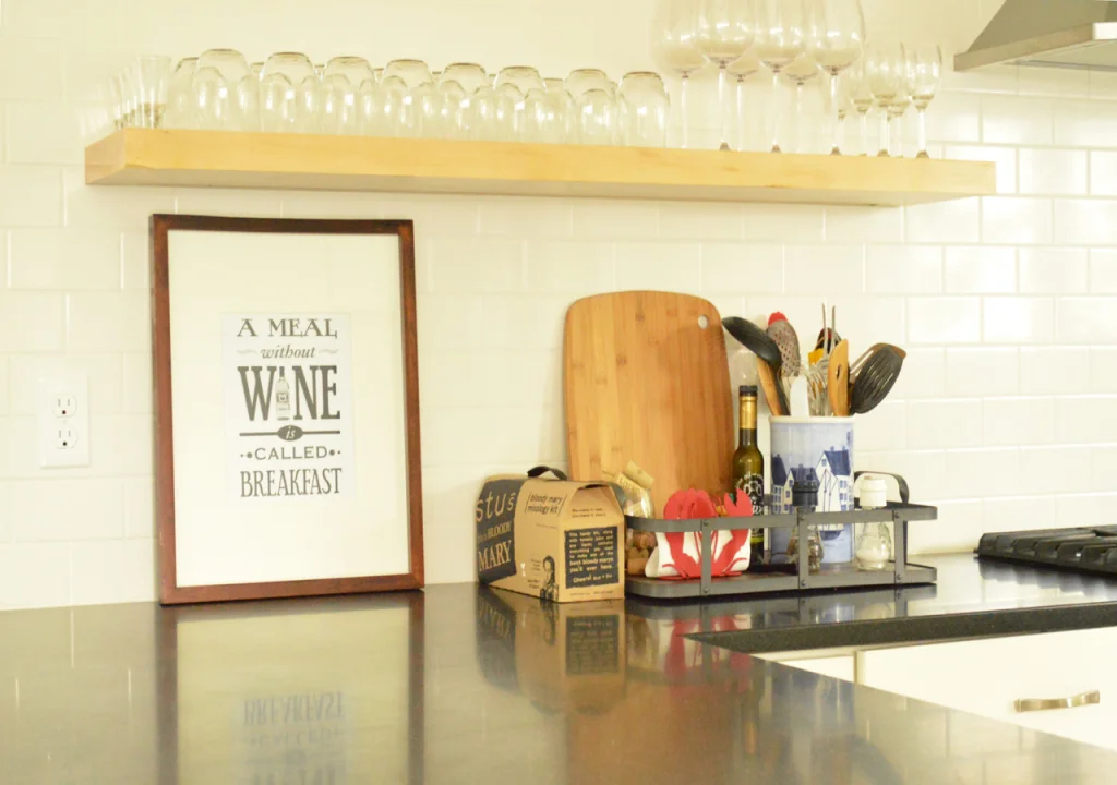 Subway tile and floating shelves