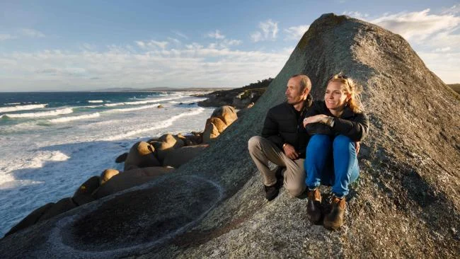 Tasmanian Walking Company head Zane Denmen and Daisy Lamont, his partner and co-manager at the Bay of Fires Lodge in Tasmania’s northeast. Picture: Peter Mathew