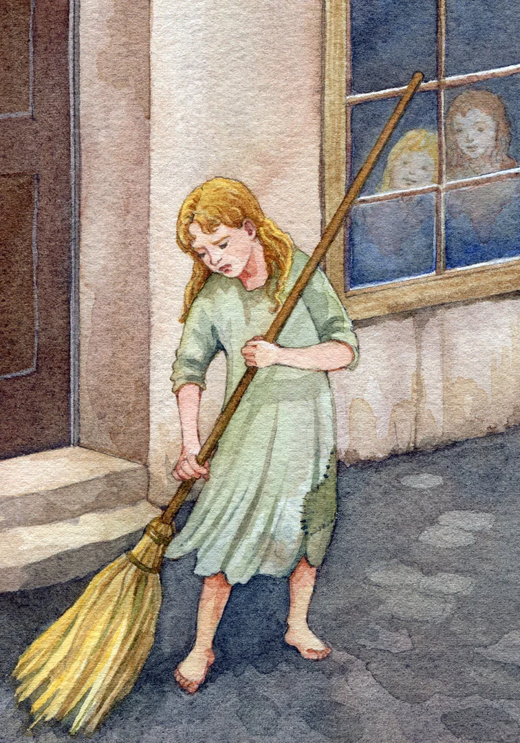 She was a miserable sight to see in the winter, sweeping the sidewalk before daybreak.