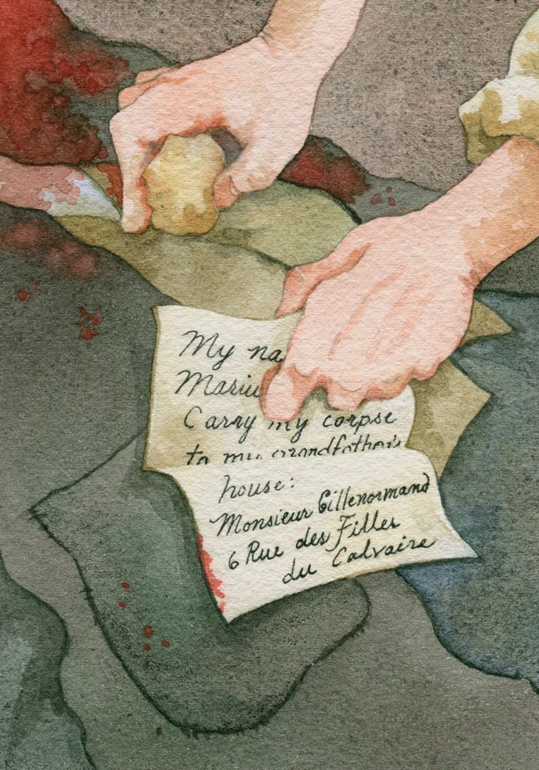 Valjean searched Marius’s pockets and found a scrap of bread to eat.