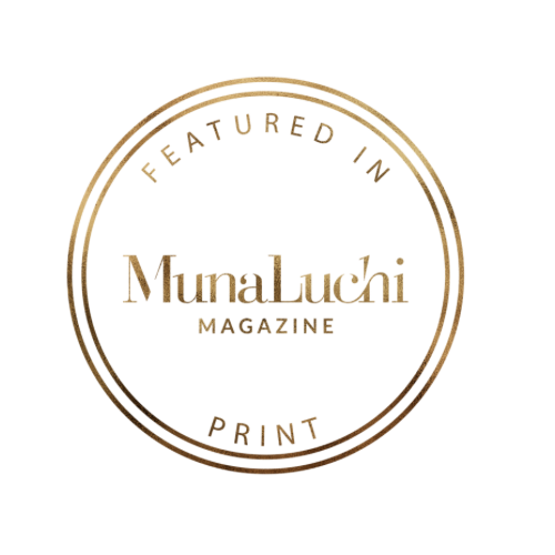 Gold circular badge with text 'Featured in MunaLuchi Magazine Print'