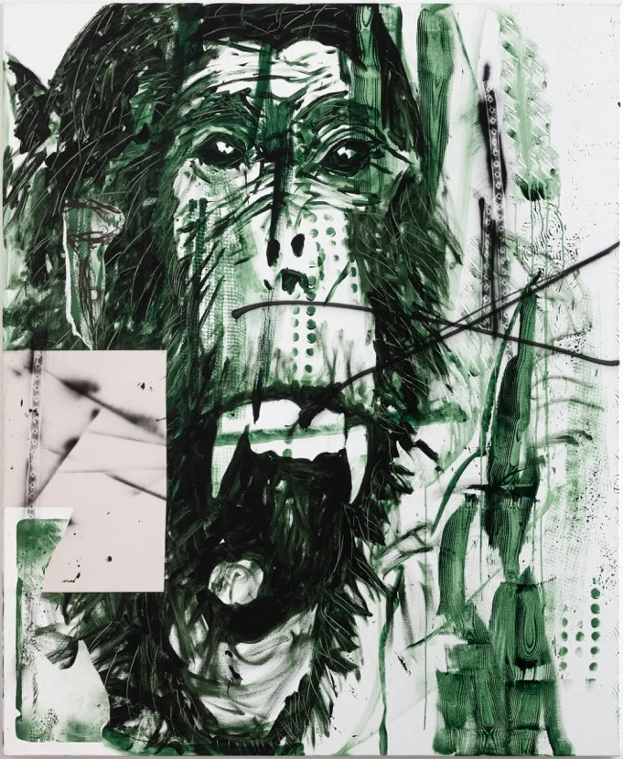 Claus Carstensen : Hvad er der med den negering? Hvad er der med den tunge? 220 x 180 cm akryl, collage, spray på lærred