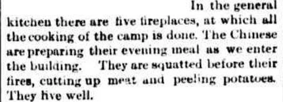 Here’s the part of the 1884 article which describes the kitchen at the Harrietville Chinese Mining Village. The Argus (Melbourne), Saturday 23 August 1884, page 4. http://nla.gov.au/nla.news-article6055923