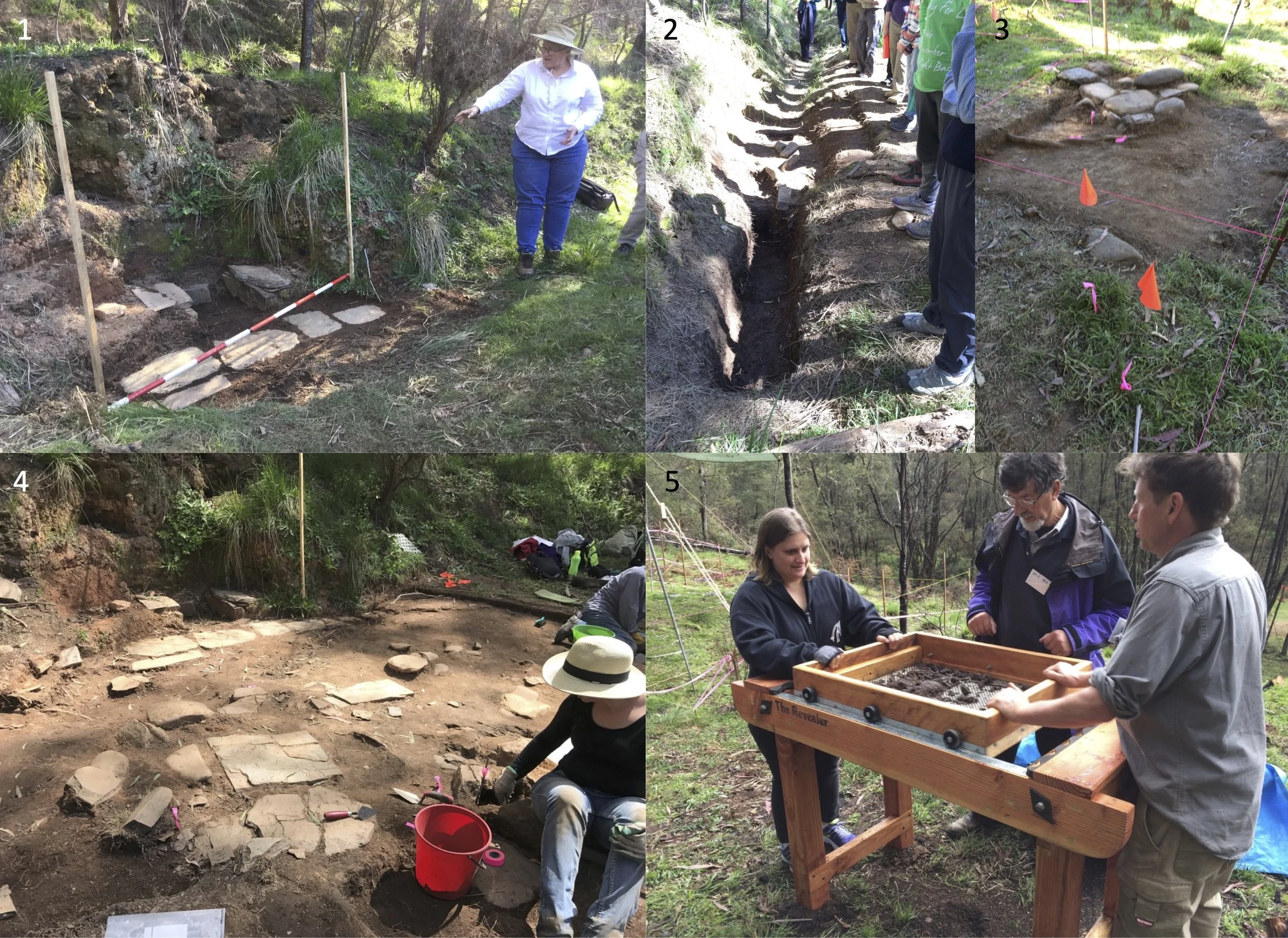 Excavation sites: (1) Stone Feature 1, at early stage of excavation; (2) Water Race 1; (3) West Camp 1; (4) Stone Feature 1, at full extent of excavation; (5) Sieving.