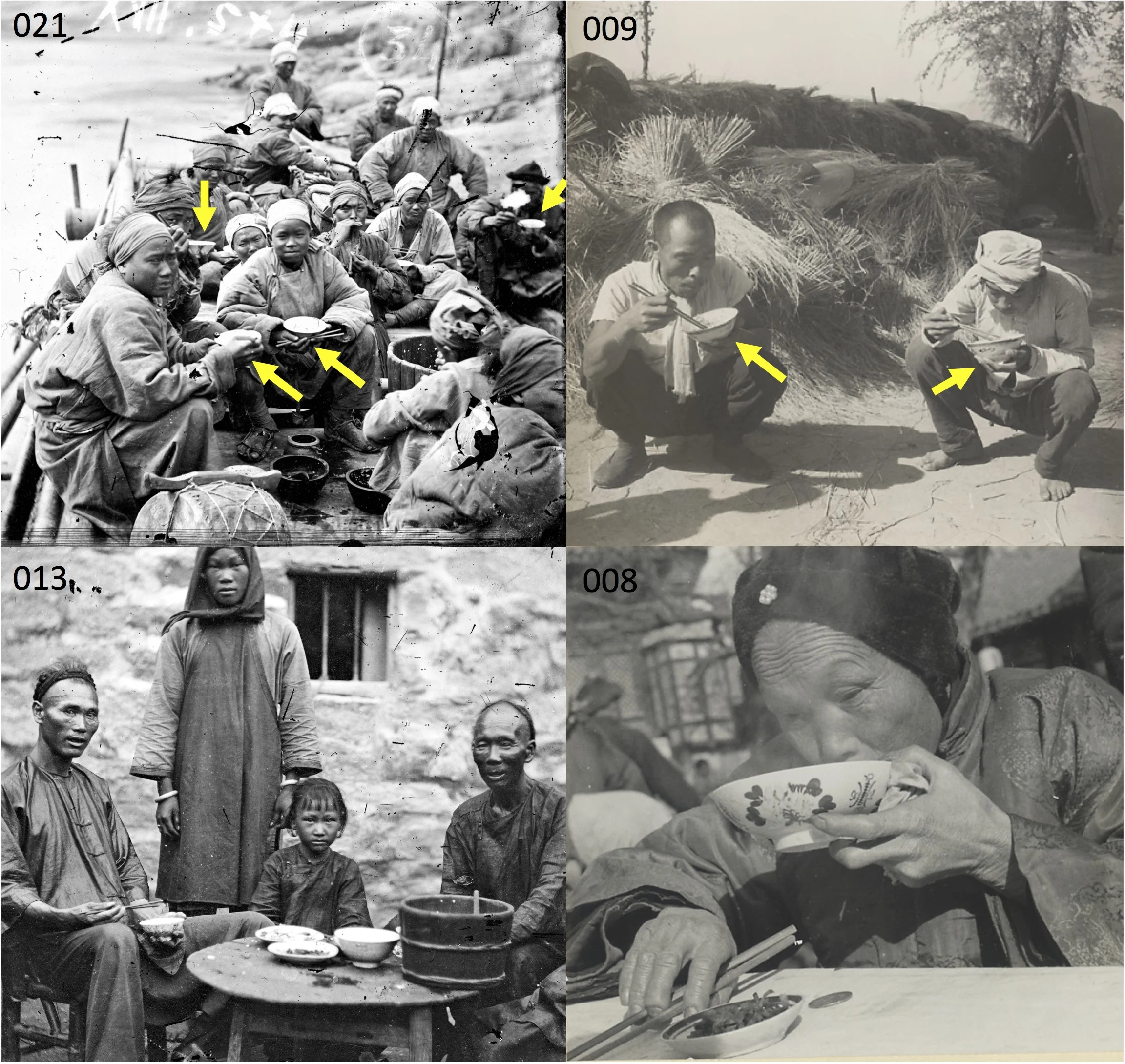 Chinese food eating, contexts 1 and 2—one or two dishes of food, eating with large bowl, with or without a table. Image 021: Boatmen on Upper Yangtze River, 1871 (photo by John Thomson ca 1871). Image 009: Farmworkers eating, near Beijing, ca 1933–1946 (Hedda Morrison ca 1933–1946c). Image 013: A poor family, Canton, 1869 (John Thomson 1869). Image 008: Woman eating at food vendor’s stand, near Beijing, ca 1933–1946 (Hedda Morrison ca 1933–1946b). [Web sources for images are listed in article]