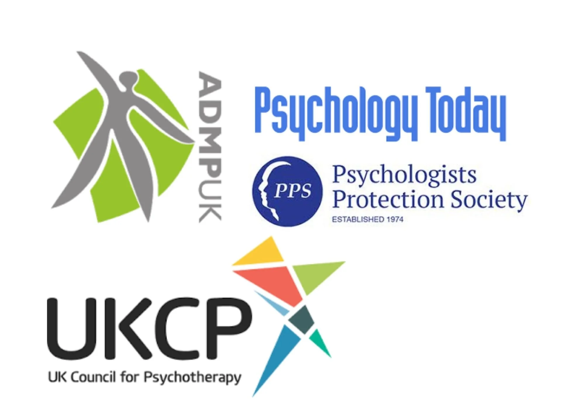 an image of professional logos including ADMP UK, UKCP, Psychology Today, and Psychologists Protection Society