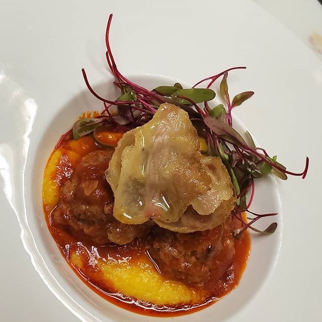 Polenta, buffalo polpette  topped with crispy guanciale