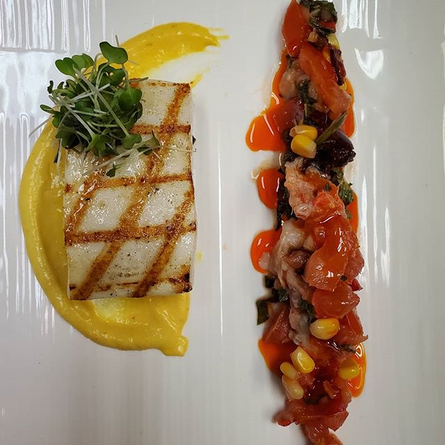 Grilled squid steak, sweet corn mousse, salsa crude with fresh main lobster