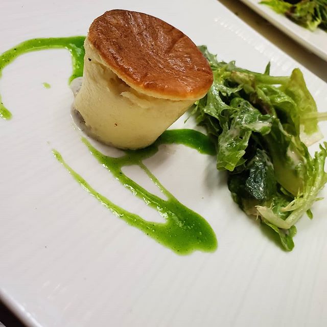 Goat cheese souffle with truffle liquid center