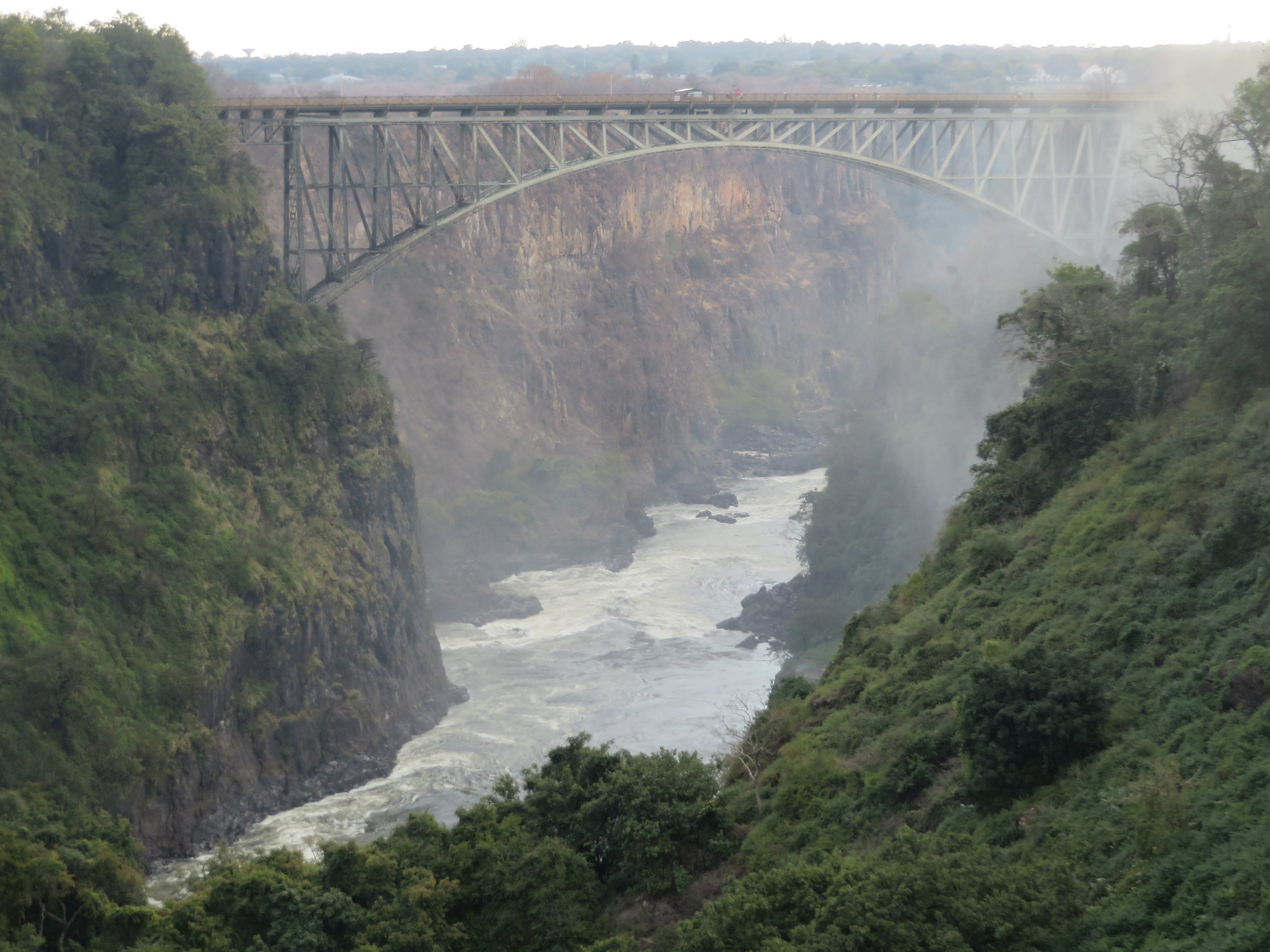 After the falls the railway bridge to Zimbabwe and crazy bungee jump platform