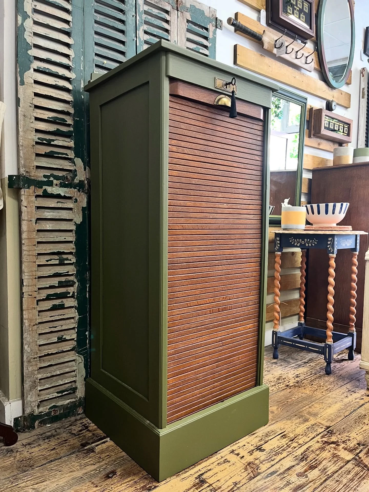Another mesmerising green tambour cabinet!

Is it the same tambour we shared on here a few weeks ago? No that one sold.
But did we paint this new one in the same shade of green? Yes we did because it&rsquo;s just a beautiful olive mossy green that we