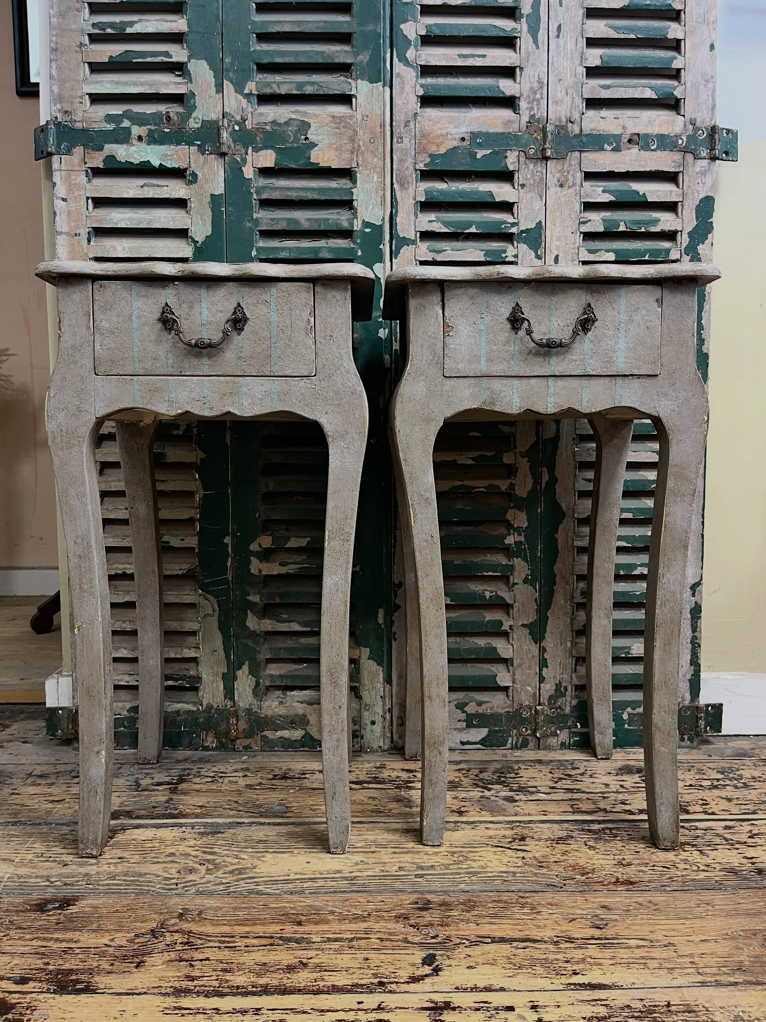Meet our latest pair of bedside tables to make it out of the workshop:

Hand painted to give a heavily textured, aged patina, with a subtle stripe (naturally) to the draw fronts. These bedside tables are full of character and charm.

If you like your