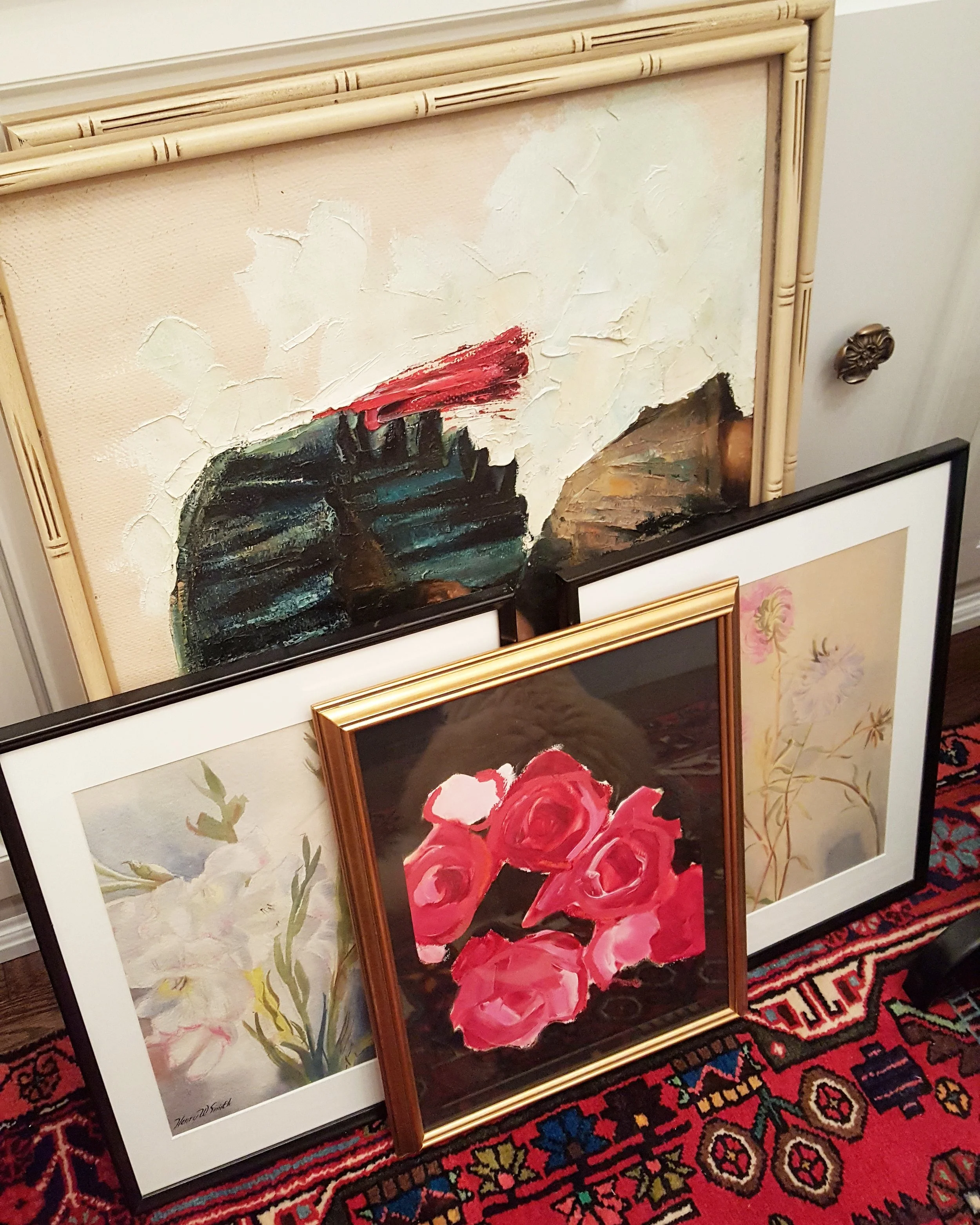 antique & thrift store art with a beautiful painting by lynne millar front & centre
