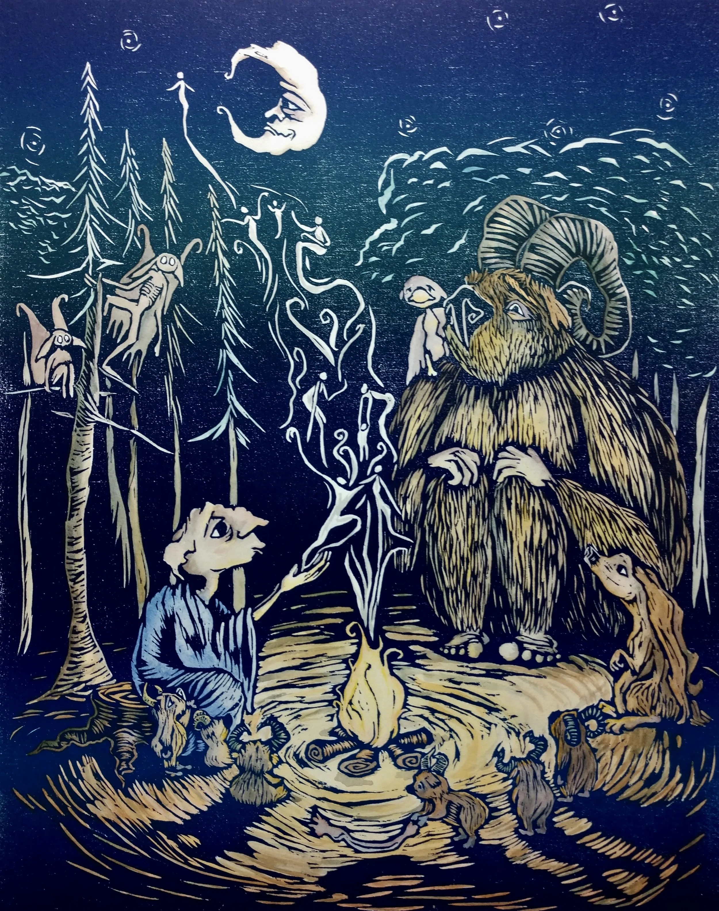"A Smoke Story". Reduction woodblock print. 2018. Flat Out Under Pressure Exhibition Committee Award winner. NOT available online.
