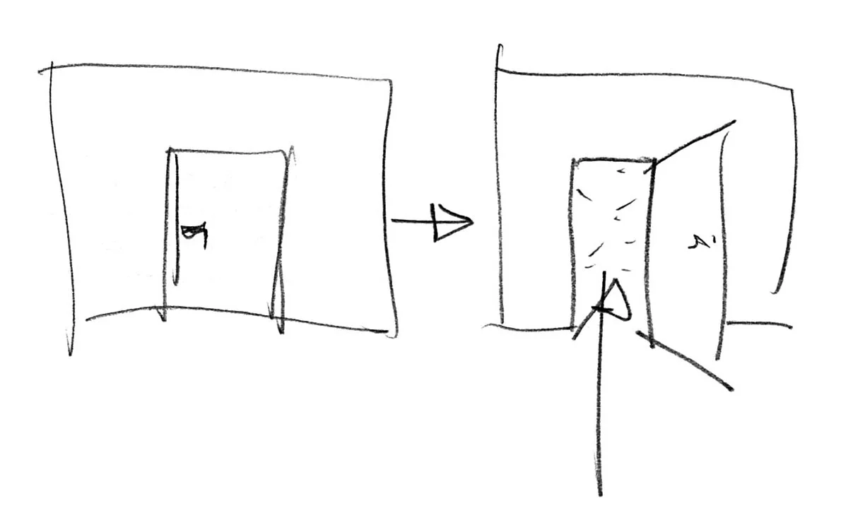 Zwei Bleistiftzeichnungen. Wandansicht mit geschlossener Türe, Wandansicht mit geöffneter Türe