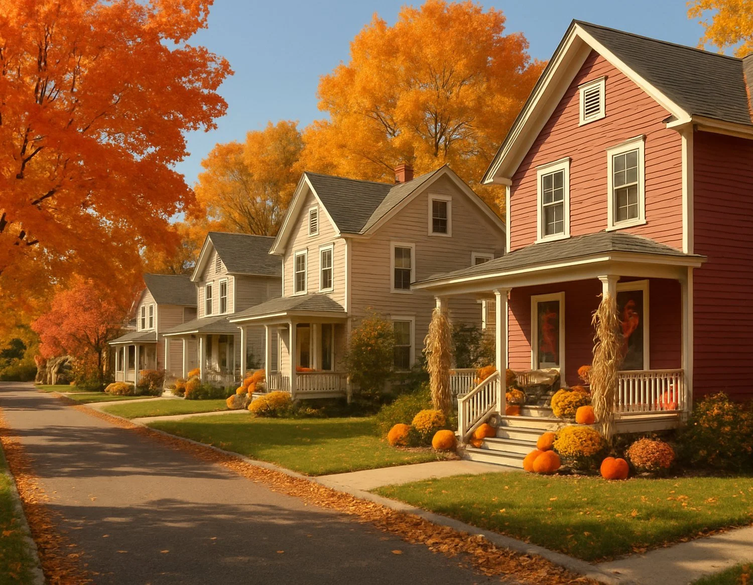 Small-town street of older homes with front porches decorated with mums, pumpkins and fall wreaths on a sunny autumn afternoon.