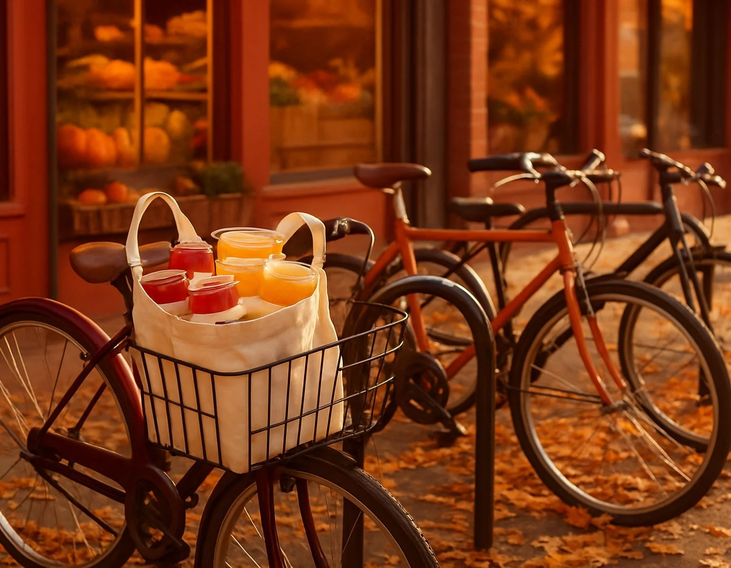 Bicycles at a rack outside a grocery store, with a tote bag of canned soup and fruit cups in the front basket.