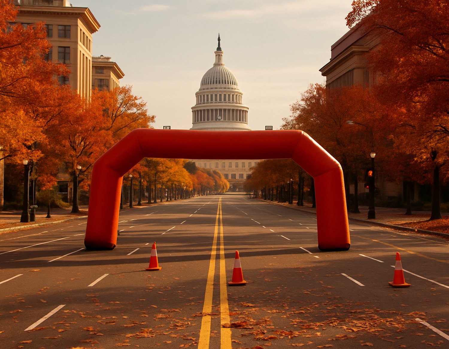 Race arch and traffic cones on Pennsylvania Avenue on an autumn morning, with the U.S. Capitol dome in the distance.