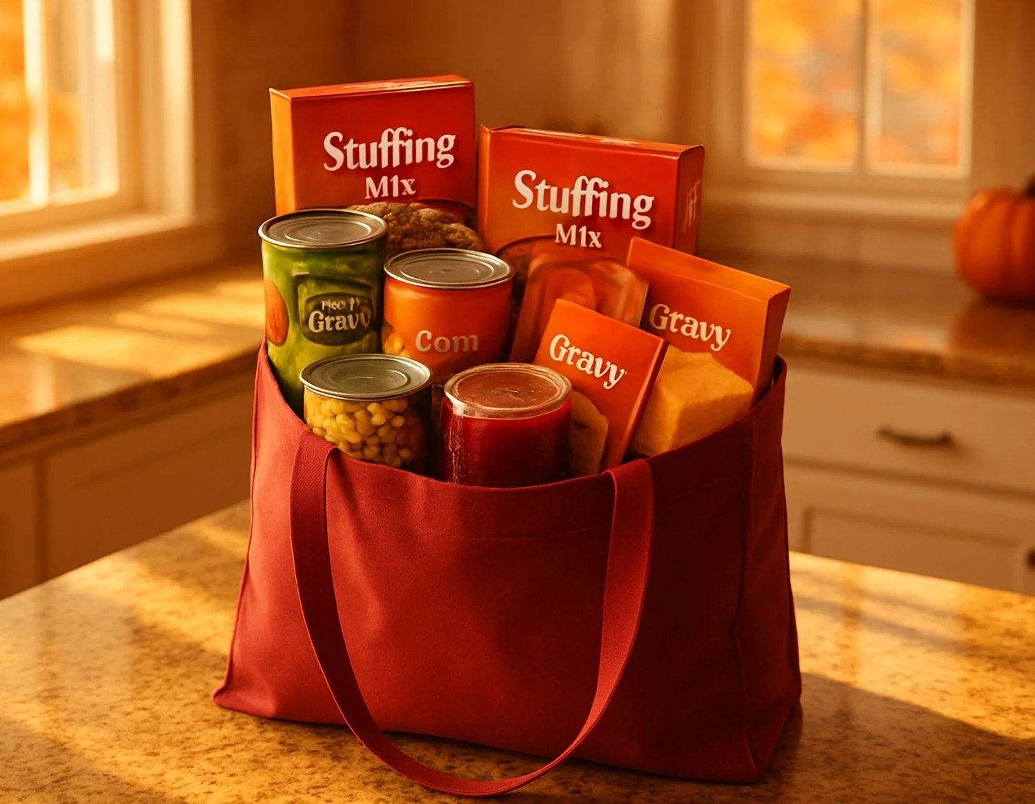 Reusable grocery bag packed with stuffing mix, canned vegetables, gravy and cranberry sauce for a Thanksgiving dinner.
