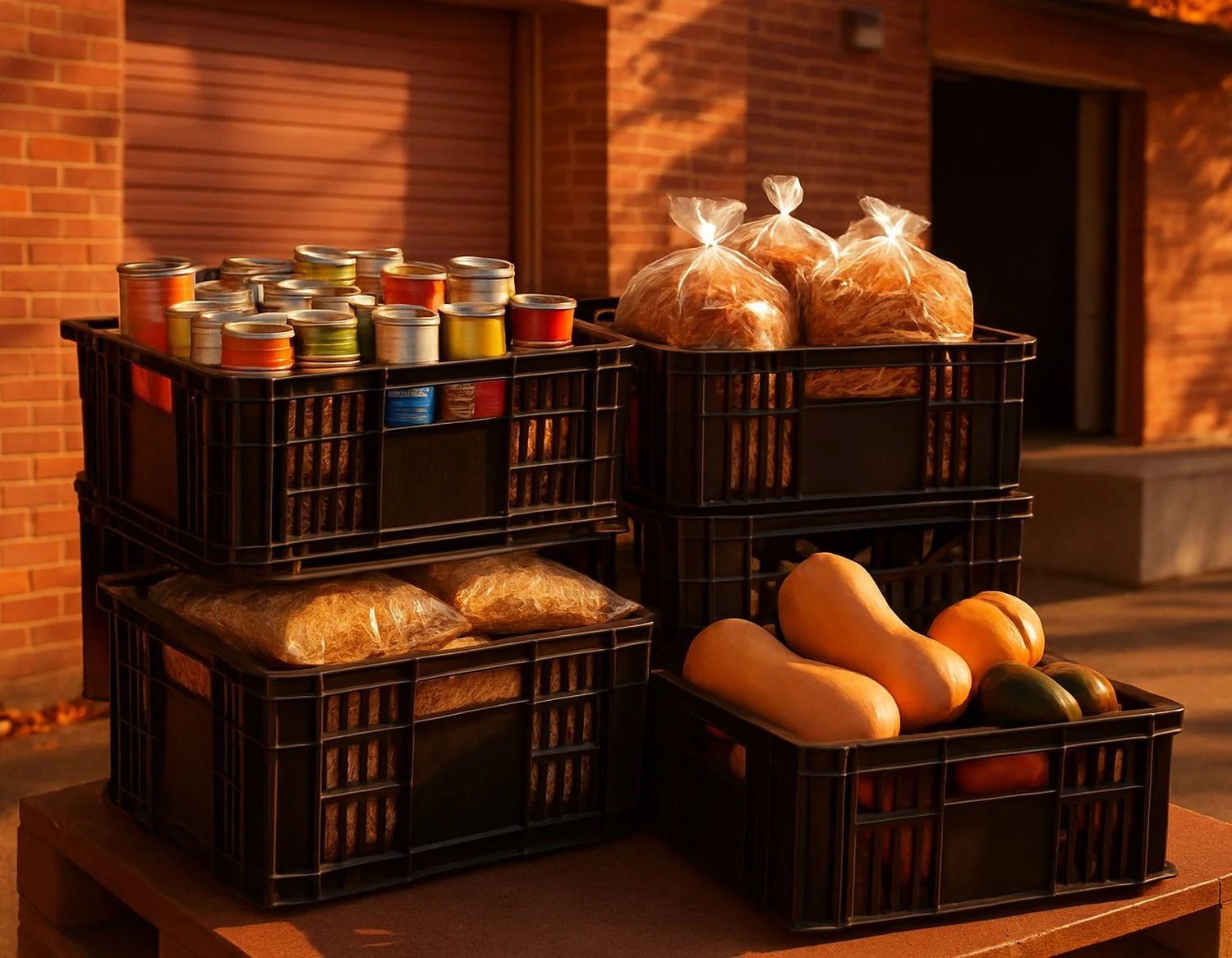 Crates of canned goods, pasta, bread and fresh squash outside a brick food bank warehouse.