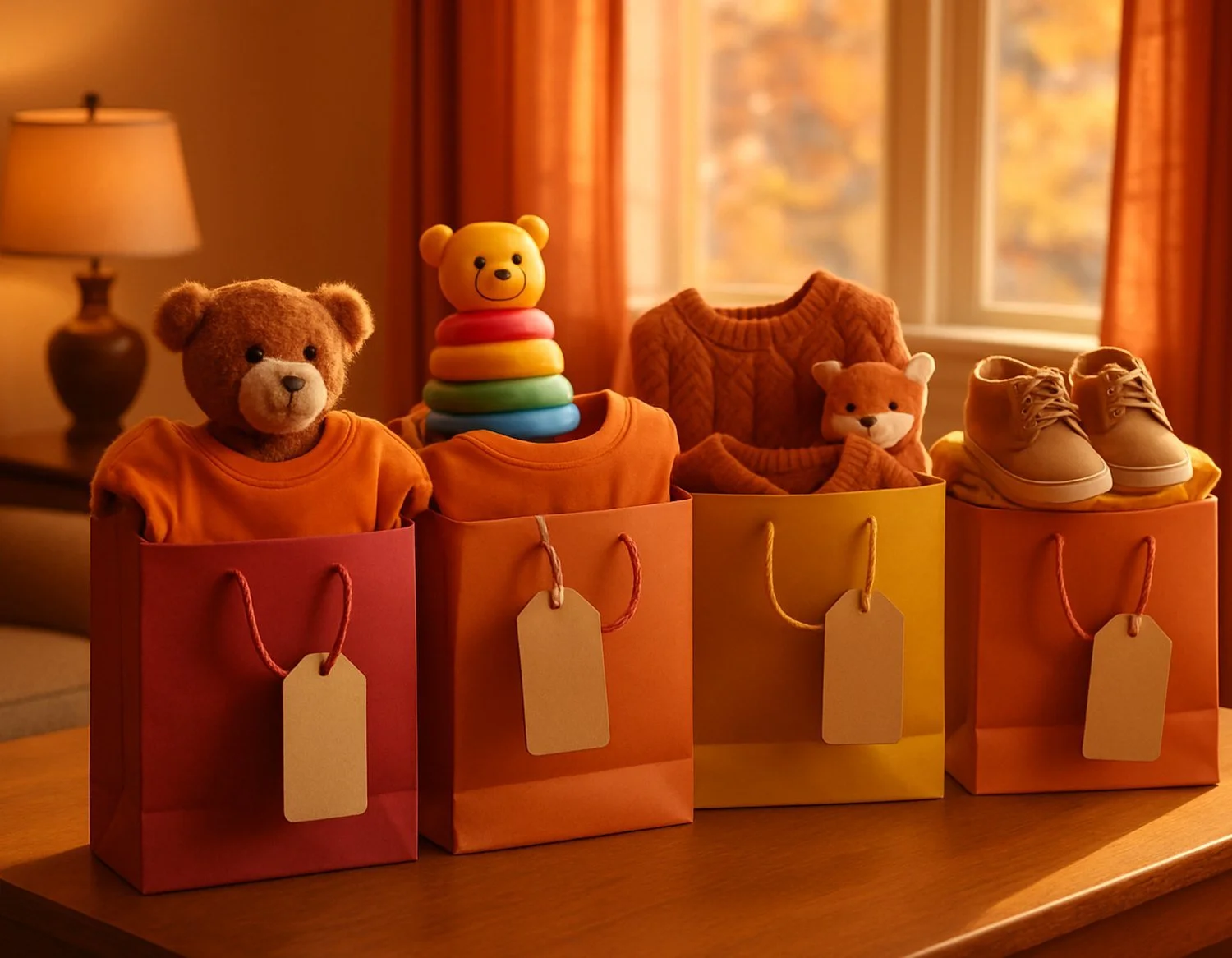 New toys, children's clothing and shoes in gift bags with paper wish-list tags on a table.