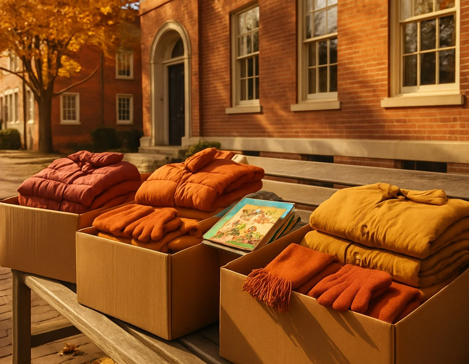 Boxes of folded coats, scarves, gloves and children's books on a bench outside a brick building in Washington, DC.