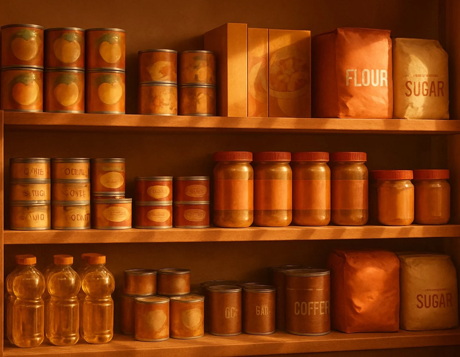 Food pantry shelves stocked with canned fruit and tuna, peanut butter jars, cereal, flour, sugar, cooking oil and coffee.