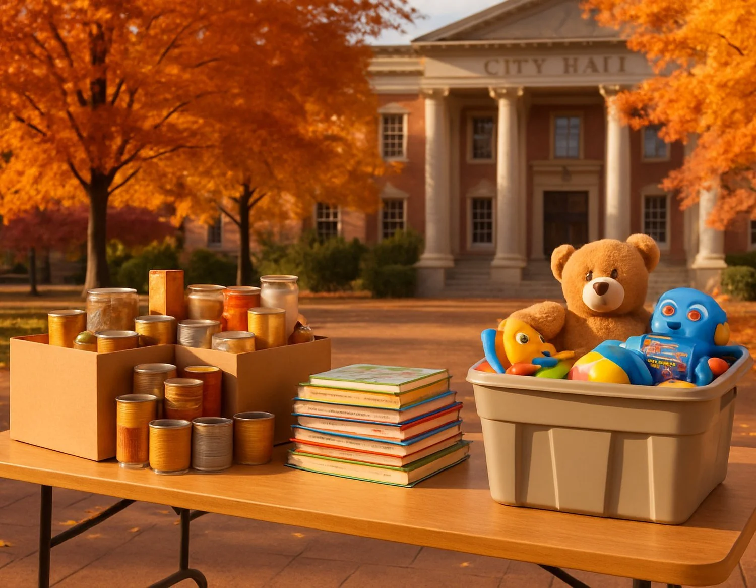 Donation table with canned food, children's books and new toys in front of a city hall on an autumn day.