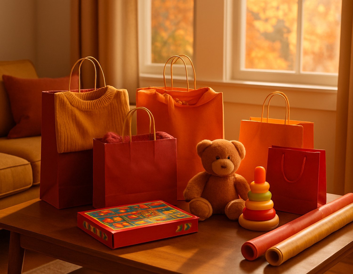 New clothing, toys and a board game in shopping bags with wrapping paper rolls on a living room table.