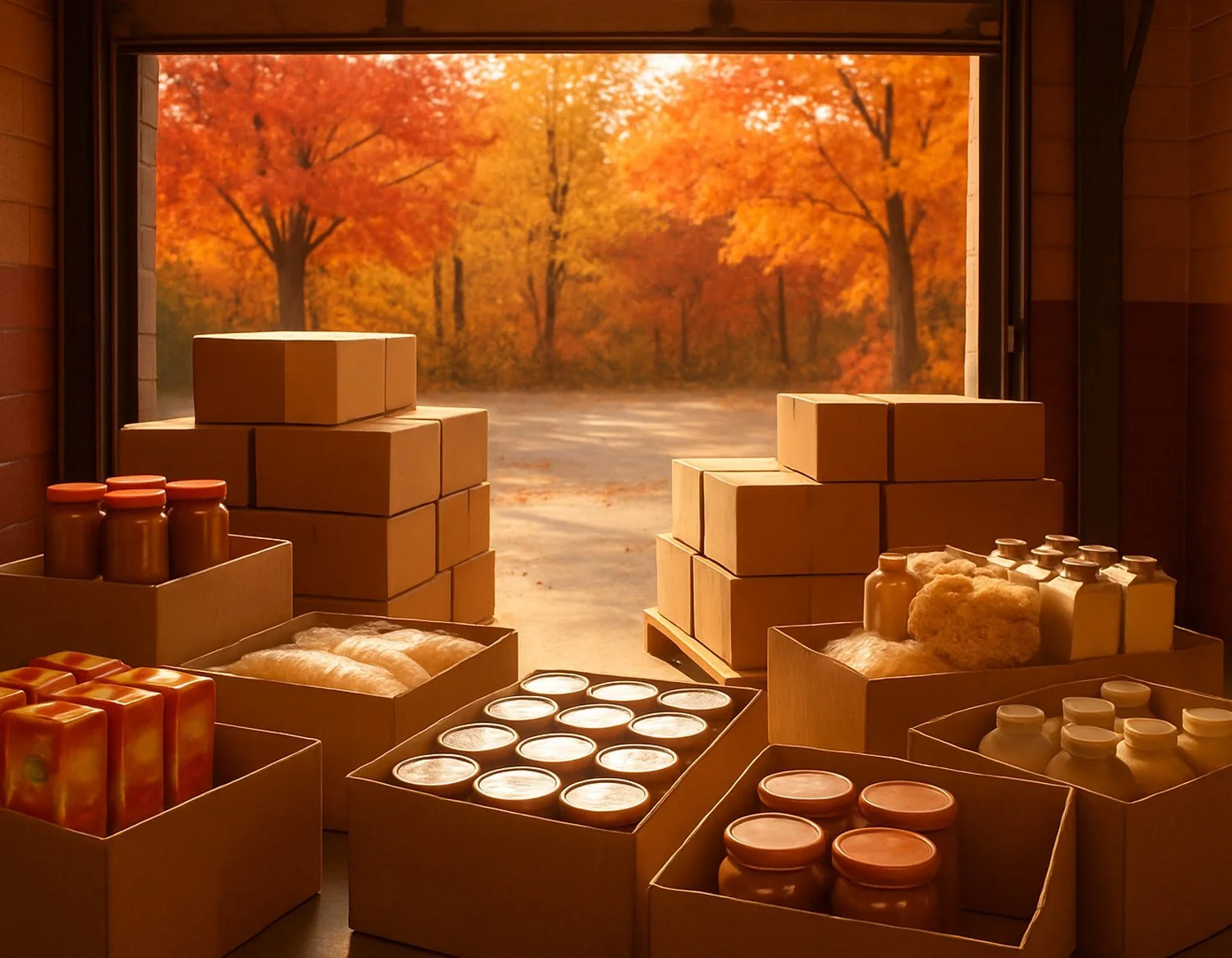 Warehouse loading dock stacked with donated boxes of juice, canned beans, rice, pasta and peanut butter.