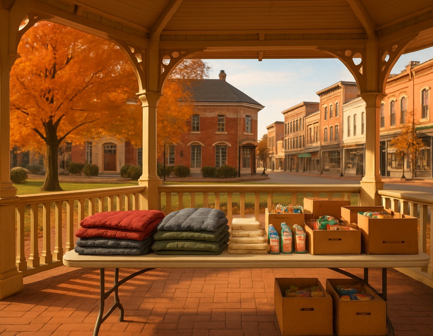 Park gazebo with a table of folded winter coats, toiletries and boxes of non-perishable food on a small-town main street.