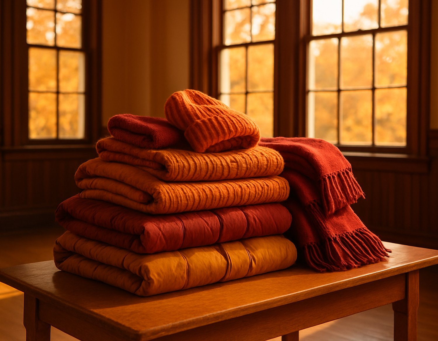 Folded winter sweaters, hats and scarves stacked on a wooden table in a town hall with tall windows.