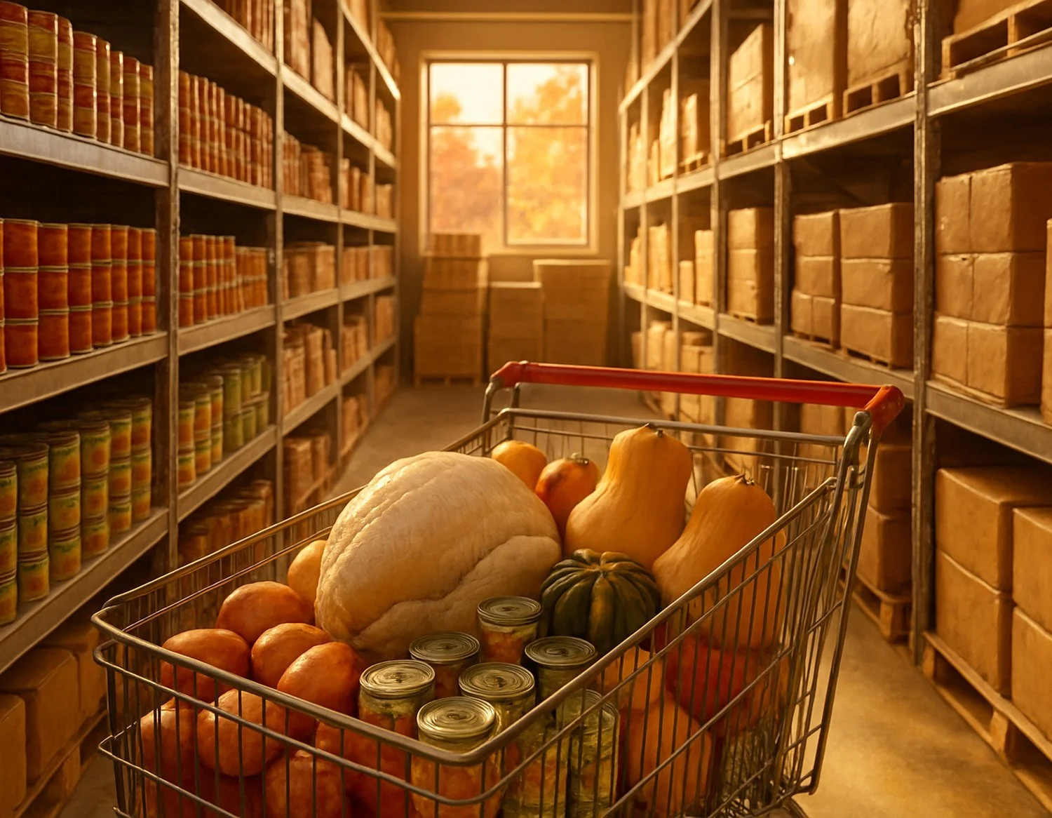 Food bank warehouse aisle with shelves of canned goods and a grocery cart filled with holiday groceries.