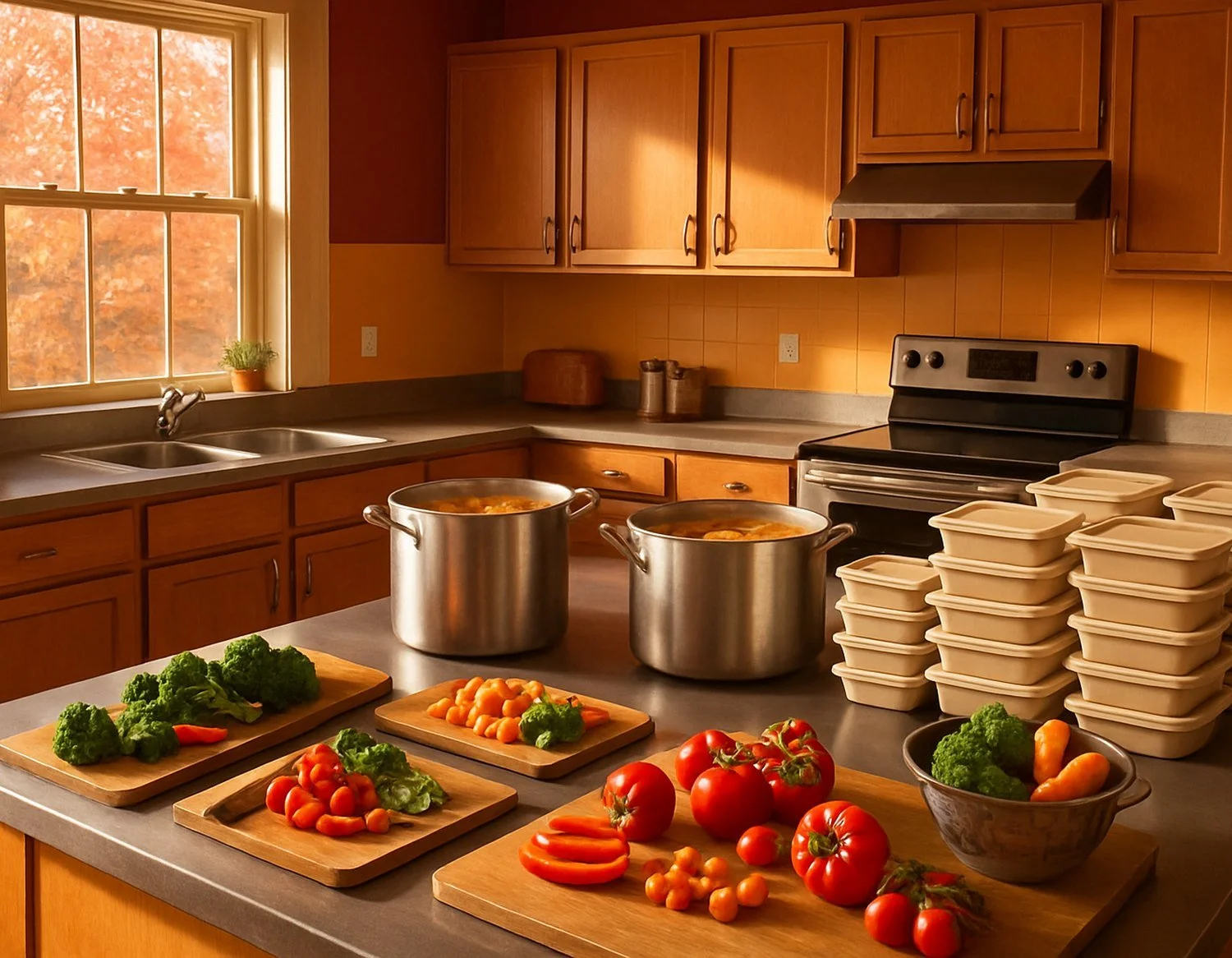 Community kitchen counter with fresh vegetables on cutting boards, pots of soup and stacked meal containers.