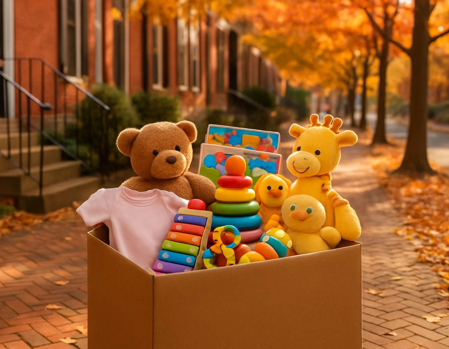 Donation box of new toys, stuffed animals and baby items on a brick sidewalk lined with townhouses and fall trees.