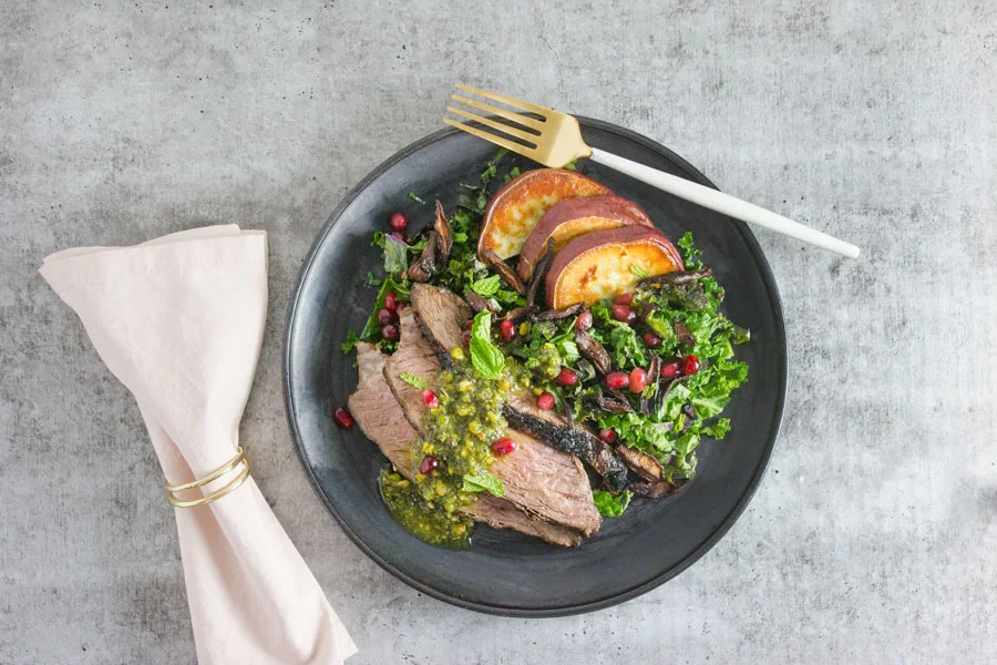 Pomegranate Glazed Steak with Sweet Potato and Shiitake (P)