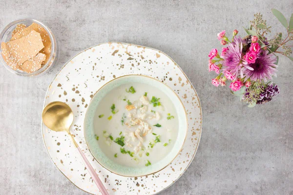 Lunch: New England Clam Chowder with Sesame Crisps (P)